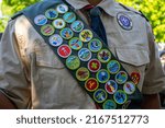 Small photo of New Milford, Connecticut, USA, 0613.2022 Scout Uniform with Patches, Merit Badge Sash