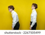 Small photo of young guy with bad posture and good posture on yellow isolated background, hunchbacked nerd student opposite slender one, concept of bad posture and hunchbacked back