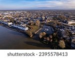 Small photo of Boulevard countenance seen from above during high water levels of river IJssel in Zutphen, The Netherlands, in the morning. Aerial weather and climate concept.