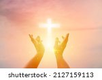 Human hands open palm up worship. Eucharist Therapy Bless God Helping Repent Catholic Easter Lent Mind Pray. Christian concept background.