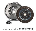 Small photo of Set of manual transmission clutch repair kit parts isolated, on white background.