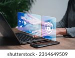 Small photo of Data protection and privacy security concept ,Women use laptop login to Cybersecurity and document Protection system, Secure internet access Future technology and cybernetics.