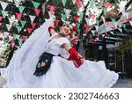 Small photo of Latin woman wearing traditional Mexican dress traditional from Veracruz Mexico Latin America, young hispanic people in independence day or cinco de mayo parade or cultural Festival