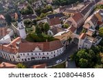 Aerial view of the castle district in Veszprem Hungary with the walls, bastions bishop palace and other medieval building including the hero
