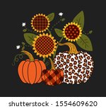  pumpkins and sunflowers with... | Shutterstock .eps vector #1554609620