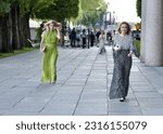 Small photo of STOCKHOLM, SWEDEN - JUNE 11, 2023: Nicky and Kathy Hilton outside Stockholm Cityhall before entering the Max Mara fashion show.