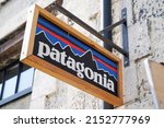 Small photo of Bordeaux , Aquitaine France - 05 01 2022 : Patagonia logo brand and text sign on facade shop fashion clothes entrance store