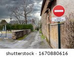 No entry road sign in the small french village, except residents (sauf riverain )