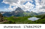 view of Pic du Midi Ossau and Ayous lake in the french Pyrenees mountains