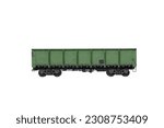 Green metallic goods wagon or freight wagon isolated on white. Unpowered railway vehicles that are used for the transportation of cargo.