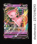 Small photo of Oct 6 2023 Mexicali BC Mexico. Mew Character that belongs to collectible Pokemon game cards, some with very high price values. Close up photography