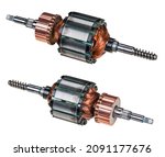 Small photo of Electric DC motor rotors with copper commutator and coil wire winding isolated on white background. Two engine parts with steel laminations. Worm screw shaft on one side and grooving for fan on other.