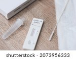 Covid-19 antigen test kit on a table, Tested for Covid-19 with a nasal swab. Rapid Antigen Test during Coronavirus Pandemic