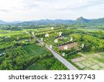 Land plot for building house aerial view, land field with pins, pin location for housing subdivision residential development owned sale rent buy or investment home or house expand the city suburb