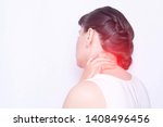 Small photo of A young girl holds on to a sore neck in which the protrusion and fibromyalgia of the muscles, medical, copy space, vertebral instability