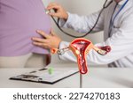 Small photo of Doctor gynecologist listens to the belly of a pregnant girl through a stethoscope. The concept of tracking the movement of the fetus in the womb, cervix