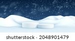 Christmas Winter landscape with snow drifts and product podium scene. 3D realistic snow background. Christmas Snow drifts isolated on transparent background. Vector illustration EPS10