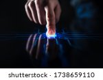 Digitalization Concept: Human Finger Pushes Touch Screen Button and Activates Futuristic Artificial Intelligence. Visualization of Machine Learning, AI, Computer Technology Merge with Humanity