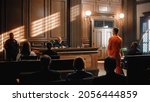 Small photo of Court of Law and Justice Trial: Imparcial Honorable Judge Pronouncing Sentence, Striking Gavel. Shot of Male Lawbreaker in Orange Robe Sentenced to Serve Time in Prison. Hearing Adjourned