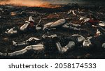 Small photo of After Epic Battle Bodies of Dead, Massacred Medieval Knights Lying on Battlefield. Warrior Soldiers Fallen in Conflict, War, Conquest, Warfare, Colonization. Cinematic Dramatic Historical Reenactment
