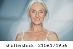 Small photo of Close-up Portrait of Beautiful Senior Woman Looking at Camera and Smiling Wonderfully. Elderly Beauty. Graceful of Old Age Concept for Skincare, Cosmetics Product.