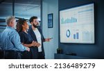 Small photo of Company Operations Manager Holds Meeting Presentation. Diverse Team Uses TV Screen with Growth Analysis, Charts, Statistics and Data. People Work in Business Office.