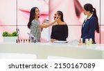 Small photo of TV Commercial Infomercial: Female Host, Beauty Makeup Artist uses Blush Contour Palette on Beautiful Black Model, Present Best Beauty Products, Cosmetics. Playback Television Advertisement Channel