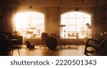Small photo of Establishing Shot: Music Rehearsal Studio in Loft Room with Drum Set in the Middle. Stylish Interior with Two Big Windows, Cozy Sofa, Shelves and Plants. Sunny Bright Day and Urban City View.