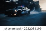 Small photo of Traffic Patrol Car in Pursuit. Police Officers in Squad Car Chasing Suspect on Industrial Road, Sirens Blazing, High Speed. Cops on Emergency Response Call. Stylish Cinematic Action Packed Shot