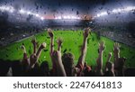Small photo of Establishing Shot of Fans Cheer for Their Team on a Stadium During Soccer Championship Final Match of Season. Team Scores Goal, Crowds of Fans Celebrate Victory with Confetti. Football Cup Tournament.