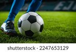 Small photo of Close-up of a Leg in a Boot Kicking Football Ball. Professional Soccer Player Hits Ball with Fierce Power, Scores Goal, Grass Flying. Beautiful Cinematic Low Angle Ground Artistic Shot