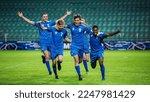 Small photo of Soccer Football Championship: Blue Team Forward Attacks and Scores Goal, Win the Match, Players Happy, Celebrate Victory, Win Tournament. Sport Channel Broadcast Television Concept.