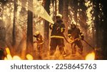 Small photo of Experienced African American Firefighter Extinguishing a Wildland Fire Deep in a Forest. Professional in Safety Uniform and Helmet Using a Fire Hose to Battle Dangerous Wildfire.
