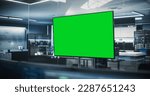 Small photo of Empty Meeting Conference Room with Green Screen Mock Up TV Display. Establishing Shot in a Technologically Advanced Research and Development Office