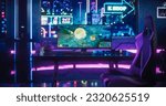 Small photo of Empty Gaming Station with Computer Screen Showing Fantasy RPG Strategy Video Game. Online eSports Gaming Tournament Live Stream. Monitor on a Table in a Futuristic Cyberpunk Room with Neon Light