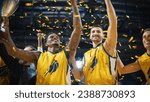 Small photo of Multiethnic Basketball Players Celebrate Championship Victory with Hugs, Jumping, Holding the Trophy High. Exclusive Joyful Sports Action on Live TV and Pay Per View Internet Streaming Concept.
