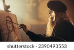 Small photo of Re-enactment Documentary Scene for The Process of the Creation of the Mona Lisa Painting: The Genius Leonardo da Vinci Making the First Layer of Shadow of his Masterpiece on Canvas in his Art Workshop