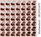 Small photo of square image with several cups with different proportions of milk and coffee. Diagonal gradient of coffee in different shades from white to dark brown on a beige background.