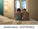 Small photo of Loving caring man calms down hug embrace upset wife after quarrel. Support in family. Depressed woman need mental help from trouble emotional burnout. Sad couple in trust relations go through crisis