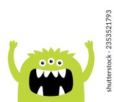 Monster face head. Hands up. Happy Halloween. Cute kawaii cartoon colorful scary character. Eyes, horns, fang teeth. Green monsters. Funny baby collection. Flat design. White background. Vector