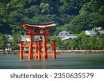 Small photo of The centuries-old Itsukushima Shrine (Itsukushima Jinja) on Miyajima island. The shrine is known worldwide for its iconic "floating" torii gate