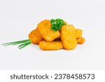 Small photo of Breaded Chicken nuggets Fillet with salad on a White Background,food at home. Fast homemade food.Chicken breaded schnitzels. Breaded Chicken Inner Fillet, Chicken Breaded Raw Meat. Fast cooking.