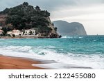 Small photo of Beautiful view of the Adriatic coast on a cloudy winter day. Near the city of Petrovac, Adriatic coast of Montenegro. Adriatic Sea Coast. Landscape of Petrovac town, Montenegro