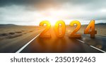 Small photo of 2024 New Year road trip travel and future vision concept . Nature landscape with highway road leading forward to happy new year celebration in beginning 2024. New year 2024 or straightforward concept