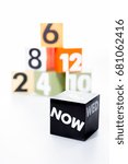 Small photo of On a white background,the block shows the number that represents the time elapsed. And the word "now" implies taking action now.