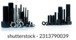 Small photo of Metal bolts and nuts on white background. Fasteners equipment. Hardware tools. Stud bolt, hex nuts, and hex head bolts in workshop. Threaded fastener use in automotive engineering. Hexagonal bolt.