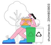 woman put rubbish in trash bin  ... | Shutterstock .eps vector #2044803803