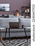 Small photo of Vertical background image of open laptop by comfortable couch in elegant home interior with mauve wall
