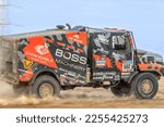 Small photo of Al-Kharj, Saudi Arabia - January 10, 2023: The winner, Janus Van Kasteren, of Boss Machinery Team De Rooy Iveco drives the Iveco racing truck on Stage 9 of rally Dakar 2023 edition.