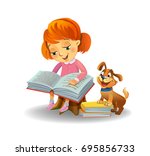 girl reading book with cute... | Shutterstock .eps vector #695856733